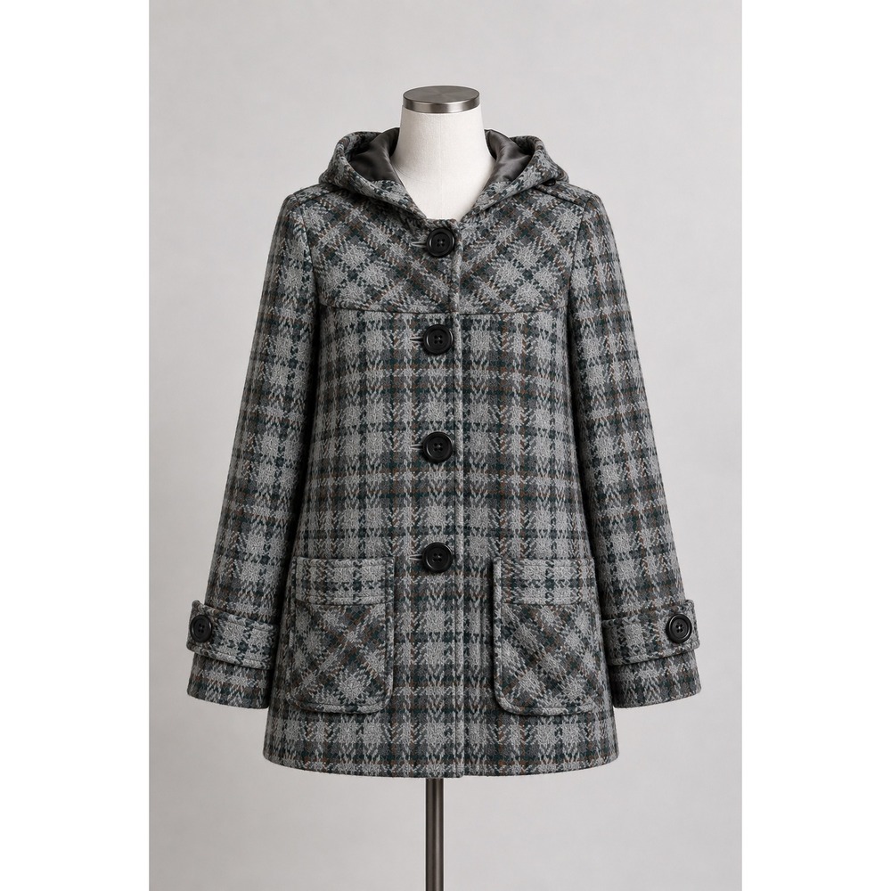 Sashimi Womens Grey Plaid Hooded Wool Blend Pea Coat Jacket Size Medium